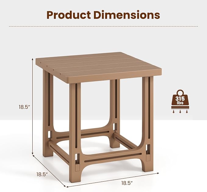 Tangkula Outdoor Adirondack Side Table, 18" Heavy Duty HDPE Patio End Table with Slatted Surface, 0-Screw Assembly, Easy Maintenance, Small Outdoor Side Table for Porch, Pool, Garden, Deck (1, Brown)