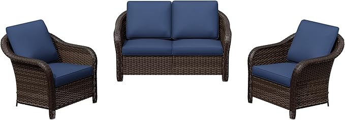 3 Pieces Outdoor Patio Conversation Set, 55" Couch, 2 Chairs, Rattan Wicker Conversation Furniture with Removable Cushions for Bistro, Deck (Navy Blue)