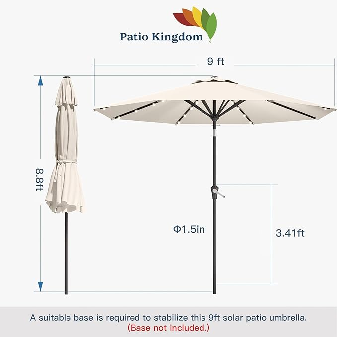 9FT Solar Umbrella 32 LED Lighted Patio Umbrella Table Market Umbrella w/Tilt and Crank, UV-Resistant Outdoor Umbrella for Pool, Garden, Deck, Creamy White