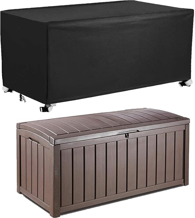Deck Box Cover 420D Outdoor Patio Waterproof Oxford Fabric Coated with Silver Dustproof Deck Storage Box Protector with Elastic Buckles on All 4 Corners Wheels Protect from Wind Rain Snow Black
