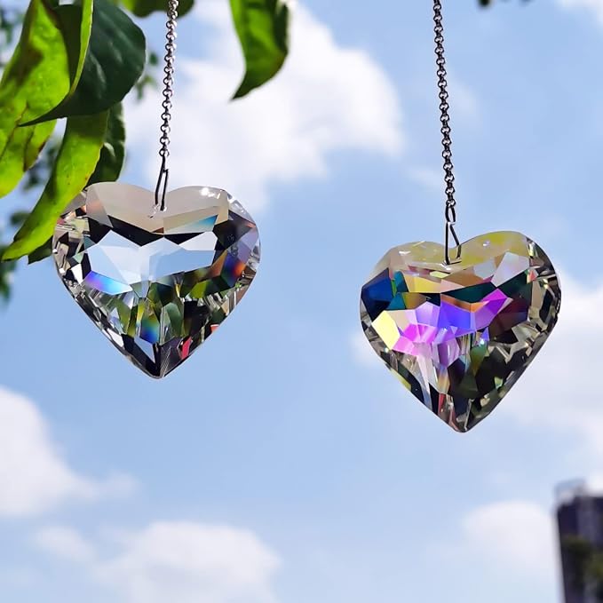 2PCS Heart Crystal Suncatcher Prisms for Windows (1, Heart ABColor 2Pcs) | AB Color, Transparent, K9 Glass, Rainbow Maker, with Hooks & Cord