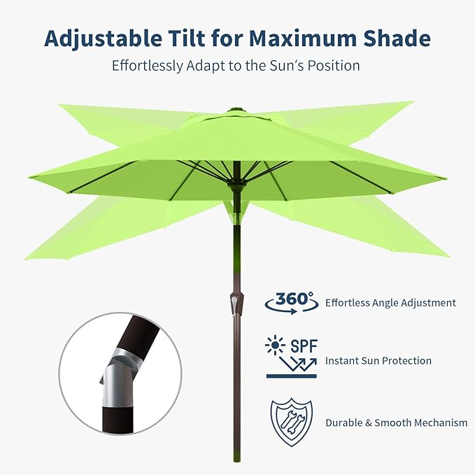 10FT Patio Umbrella Outdoor Market Umbrella with Crank and Tilt, 8 Flexible Fiberglass Ribs, UV-Resistant Waterproof Canopy for Patio, Deck, Garden, Backyard, Apple Green