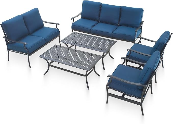Patio Conversation Set 6 Pieces Metal Outdoor Furniture Seating Sets with Blue Thick Cushions, Rocking Chairs & Coffee Table & Loveseat