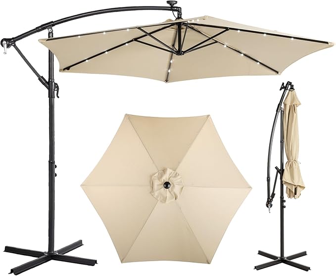 VINGLI 10 ft Cantilever Patio Umbrella, Offset Cantilever Outdoor Umbrella with Solar Lights, Easy Crank & Tilt Adjustment for Backyard, Poolside, Deck