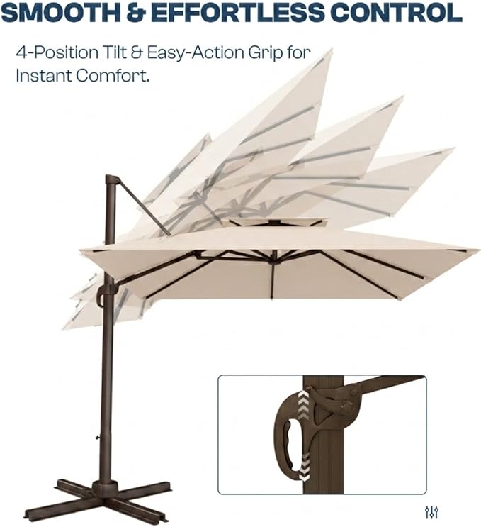 10'×10' Patio Umbrella, Double Top Aluminum Cantilever Umbrella with 360°Rotation, Offset Patio Umbrella with Easy Tilt for Pool Deck Garden Backyard, Beige (Base not Included)