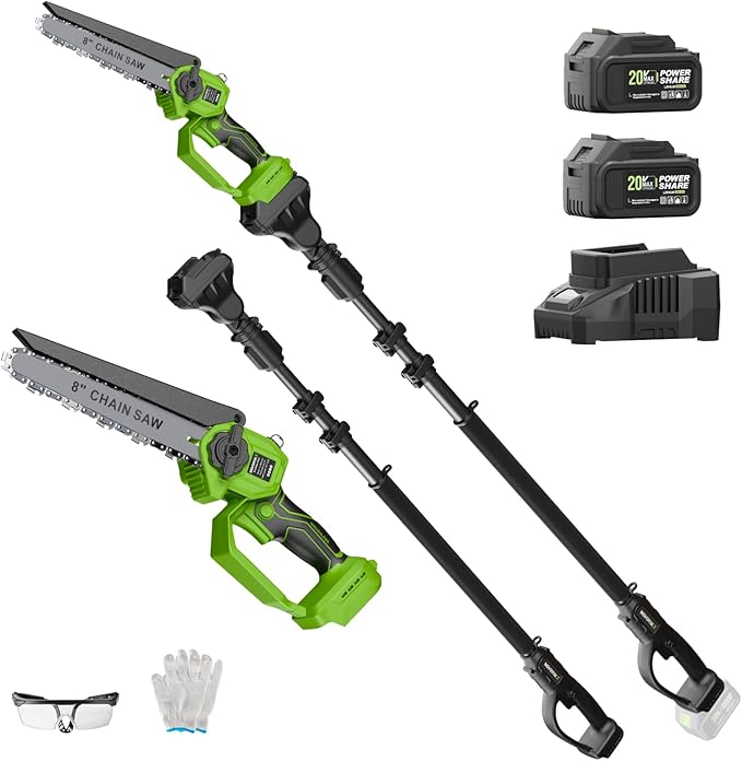 2-in-1 Cordless Pole Saw & Mini Chainsaw 20V 3.0Ah*2 8-Inch 15FT Reach Electric Tree Trimmer Battery Powered Chainsaw with Extension Pole for Tree Trimming Branch Cutting Pruning