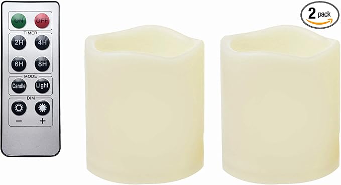 2 Waterproof Outdoor Battery Operated Flameless LED Pillar Candles with Remote Flickering Plastic Electric Decorative Light Set for Home Décor Garden Patio Decoration Party Wedding Supplies 3x3 Inches