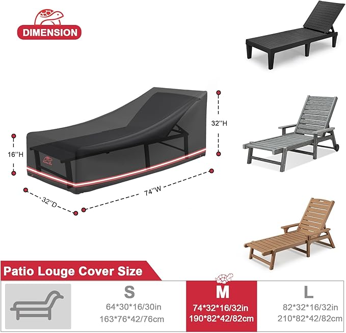Turtle Life Patio Lounge Chair Cover Waterproof Heavy Duty Outdoor Chaise Lounge Covers with Upgrade Air Vent, 1 Pack - 74L x 32W x 32H inch, Black
