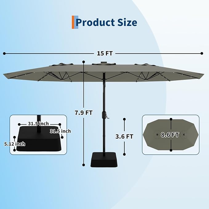 KYBOLT 15 Ft Large Patio Umbrella with Solar Lights, Outdoor Double-Sided Rectangle Umbrella with Base, Outdoor Umbrella for Backyard, Pool, Patio, Grey