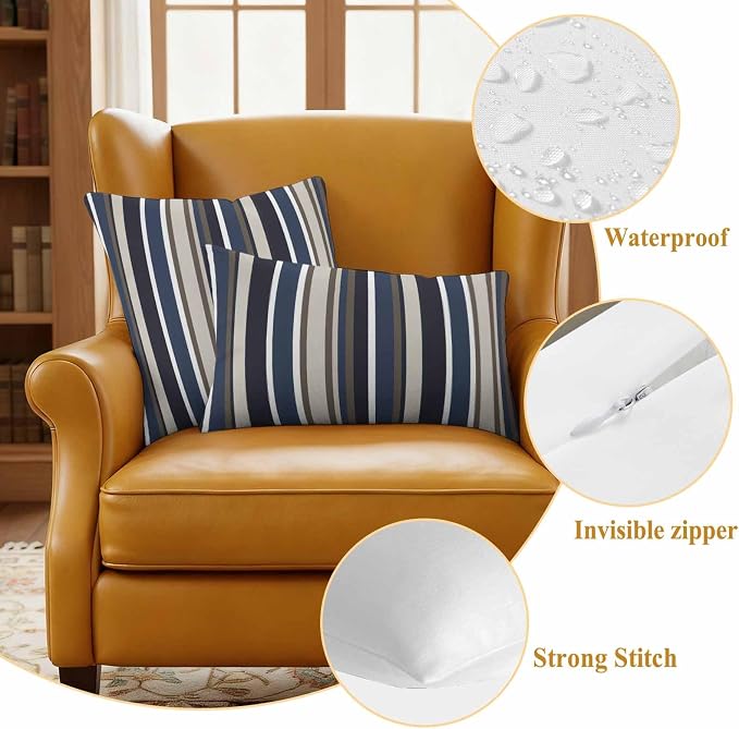 Outdoor Waterproof Throw Pillow Covers Set of 2 Blue Striped Pillowcases 18x18 Inches Geometric Beige Stripes Decorative Pillows Cushion Case Patio Pillows for Couch Bed Chair Garden