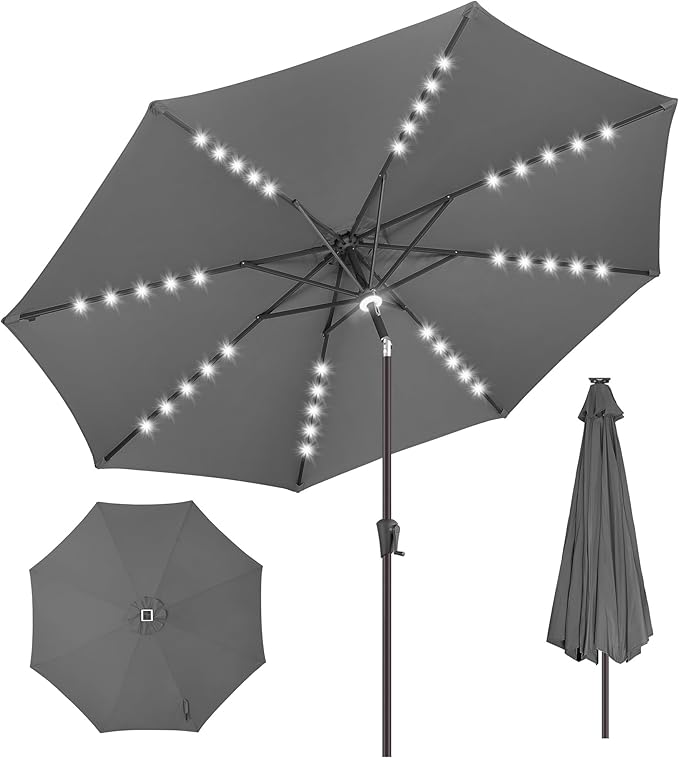 11ft Solar Umbrella Outdoor - Lighted Solar Patio Umbrella with 40 LED Lights Waterproof UV Protection, Table Umbrella with Tilt for Pool, Porch, Garden, Deck, Backyard - Anthracite