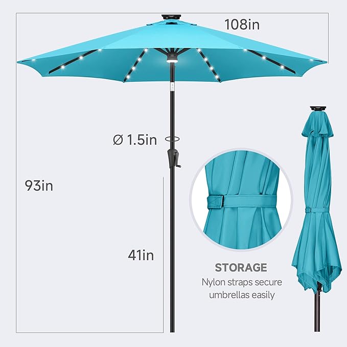 FLAME&SHADE 9 FT outdoor umbrella with 40LED lights, solar light patio umbrella with Centre Surround Light, Table Market Umbrella Outdoor Patiofor Deck, Pool, Backyard, Garden (Aqua Blue)