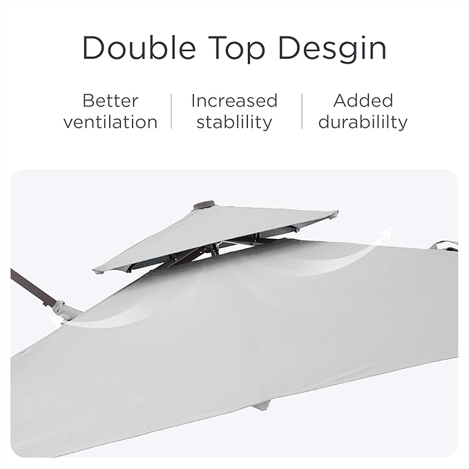 9' X 12' Patio Umbrella with Weighted Base and LED Lights Outdoor Cantilever Large Rectangle Offset Umbrellas Heavy Duty Aluminum Double Top with 360-degree Rotation for Pool Garden Deck, Fog Grey