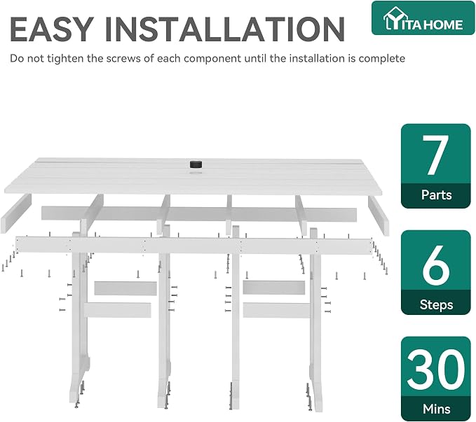 YITAHOME 71 Inch HIPS Outdoor Table, All Weather Patio Dining Table with Umbrella Hole, Faux Wood Rectangular Resin Table for 6, Sturdy Plastic Furniture for Lawn Garden, 165 LBS Capacity, White