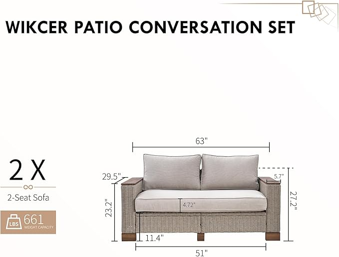 PaPaJet 4 Piece Outdoor Patio Furniture Set, Rattan Wicker Sofa Set, Patio Conversation Sets with Washable Cushions for Lawn Backyard Garden, Beige(63" x2)