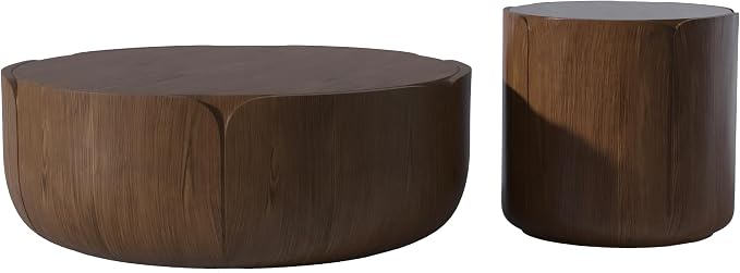 Round Outdoor Indoor Coffee Table Set, 2PC, 35.63" Modern Wood Grain Drum Center Table Set, Sturdy MGO Waterproof, No-Assembly, for Patio, Garden, Backyard, Living Room