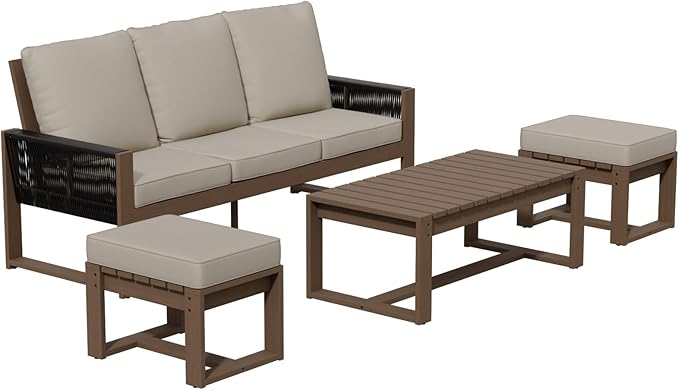 Rustic Hideaway Natural Cedar Wood Outdoor Furniture Set, Wicker Patio Conversation Set for Porch Garden Backyard, Couch, Coffee Table and 2 Ottomans, 4 Piece, Brownish/Beige