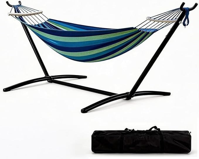 2-Person Hammock with Stand,Portable Double Hammock, Portable & Space-Saving, 450 Lbs, Comfortable Polyester Cotton for Outdoor, Patio, Garden, Camping – Includes Carry Bag