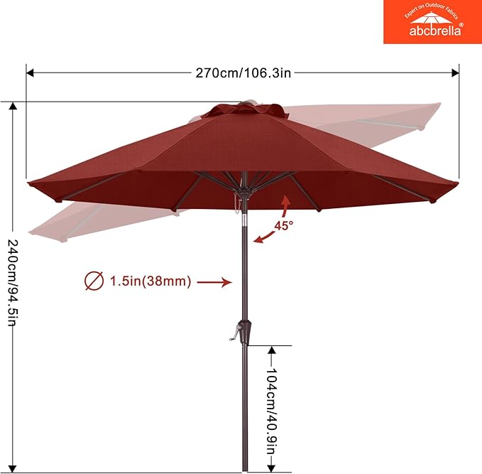 ABCCANOPY OLEFIN® 5-Year No Fading 9FT Patio Umbrella, Outdoor Table Umbrella with 8 Sturdy Ribs for Deck, Backyard, Yard (Burgundy)
