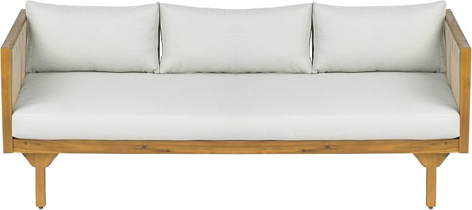 Merax Acacia Wood Outdoor Patio Loveseat Sofa w/Coushion and & Light Brown Rope, 3-Seater Sofa Daybed for Backyard, Lawn, Deck, Balcony, Water Repellent Fabric, 600 lbs Capacity,Teak +Light Gray