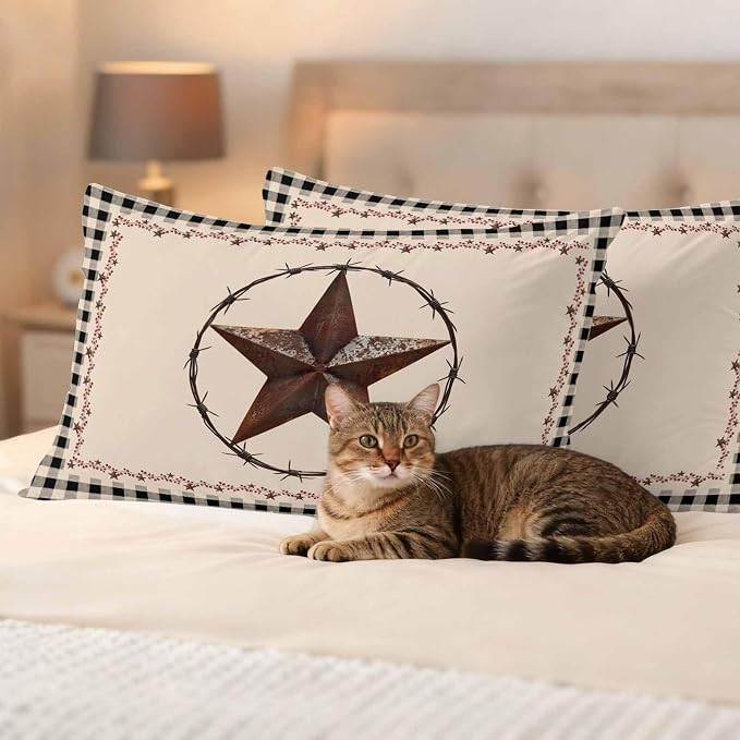 American Country Outdoor Waterproof Throw Pillow Covers Set of 2, 20"x12", Star Farmhouse Beige Black Buffalo Plaid Decorative Pillow Covers Outside Cushion Case for Patio Porch Garden