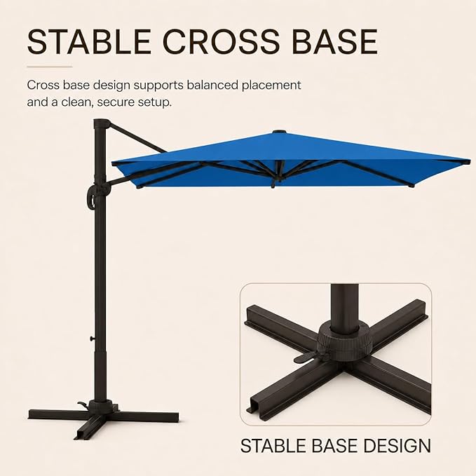 Kingdura 9' X 9' Cantilever Patio Umbrella with Base Included, Large Square Outdoor Offset Umbrella with 360-degree Rotation, 4 Position Tilt, UV Protection for Pool Deck Garden Patio (Royal blue)