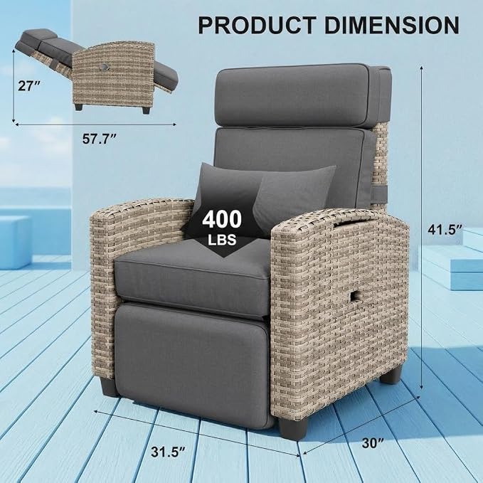 Outdoor Wicker Gas Lift Chair with Cushion, 145° Adjustable PE Rattan Patio Chair with Metal Frame, Height Adjustable Lounge Chair for Garden, Patio, Balcony & Backyard,Gray White Gradient Wicker,Gray