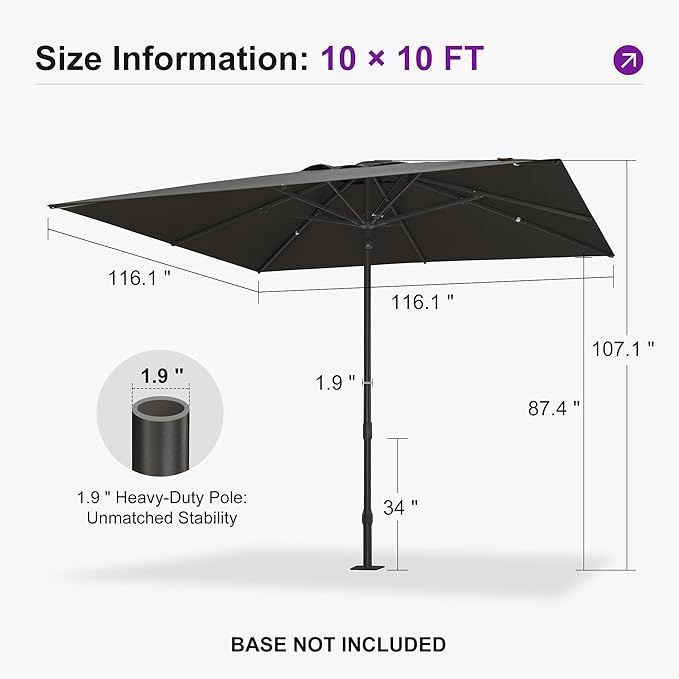 PURPLE LEAF 10' x 10' Square Semi-Auto Outdoor Patio Umbrella Aluminium Market Umbrella Table Sun Umbrella with 1.89" Rod and 8 Sturdy Ribs for Deck Lawn Pool Garden, Gray