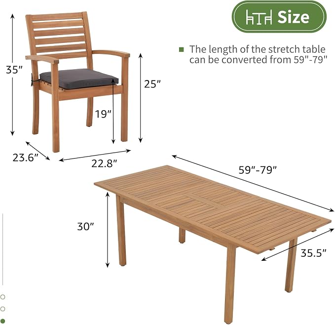 OC Orange-Casual 7 Piece Patio Dining Set, Outdoor Acacia Wood Furniture Set, Extendable Rectangular Table and 6 Stackable Chairs w/Removeable Fabric Cushion, Dark Grey Cushion