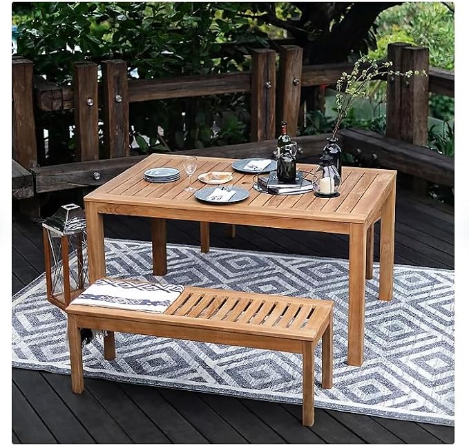 3-Piece Outdoor Dining Set, Teak Wood Table and Benches, Stylish and Durability. Patio Garden Furniture. It's a Perfect Addition to a Patio, Garden, or Deck.