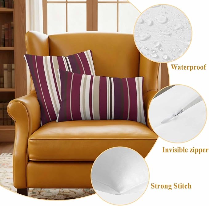 Outdoor Waterproof Throw Pillow Covers Set of 2 Red Striped Pillowcases 16x16 Inches Geometric Beige Stripes Decorative Pillows Cushion Case Patio Pillows for Couch Bed Chair Garden