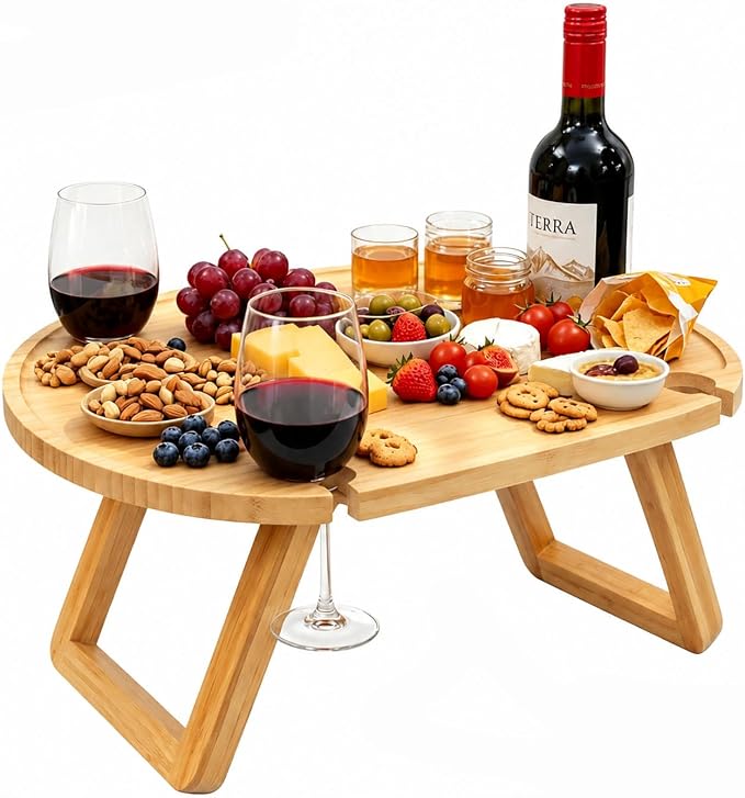 Wine Picnic Table with 4 Glass Holders, Small Portable Picnic Beachtable, Foldable Bamboo Outdoor Charcuterie Table, Low Picnic Snack Tray for Camping, Beach, Includes Cheese Knife Set & Tote Bag