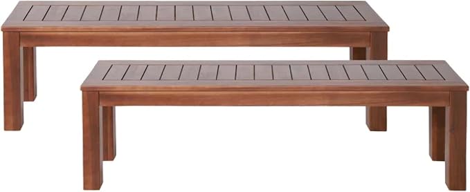 roomfitters 3-Piece Outdoor Courtyard Dining Set, Solid Wood Slatted Table and 2 Benches for Patio Garden, Dark Brown