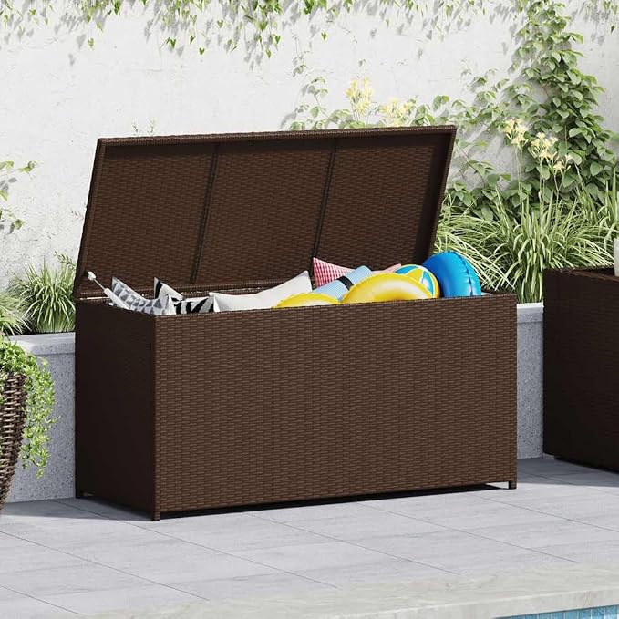 PE Rattan Garden Storage Chest 47.2x19.7x23.6 Inches, Weather Proof Storage Box with Polyester Lining and Powder-Coated Steel Frame for Patio Cushions and Blankets