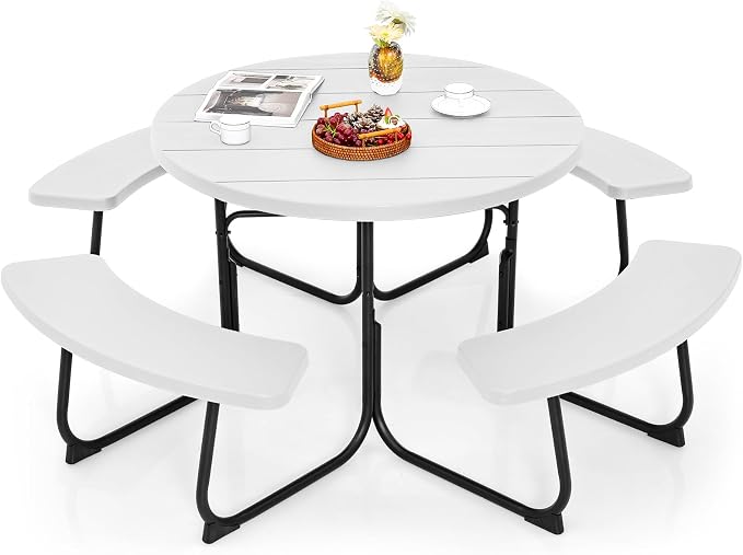 Giantex Picnic Table Set for Up to 8 Persons, Round Outdoor Table and Bench Set with Umbrella Hole, HDPE Top & Metal Frame, 2000LBS Capacity, Patio Table Bench for Deck Backyard Garden (White)