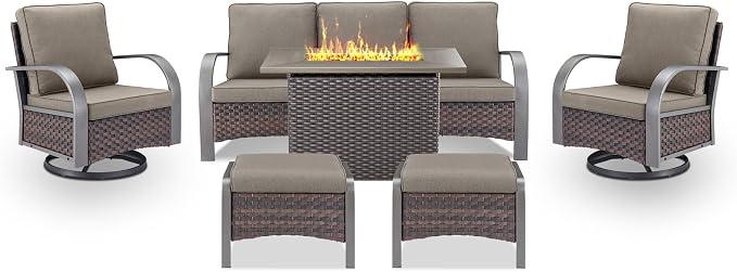 Belord Patio Furniture Set with Fire Pit Table - 50000 BTU Propane Fire Pit, 6 Piece Outdoor Conversation Furniture Sets with 2 Swivel Rocker Chair Rattan Sofa Perfect for Casual Gathering
