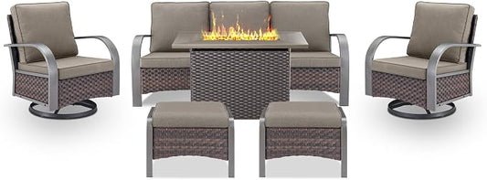 Belord Patio Furniture Set with Fire Pit Table - 50000 BTU Propane Fire Pit, 6 Piece Outdoor Conversation Furniture Sets with 2 Swivel Rocker Chair Rattan Sofa Perfect for Casual Gathering