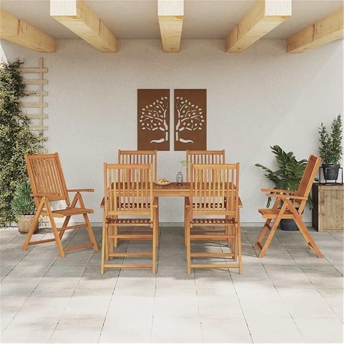 Afuera Living Contemporary 7 Piece Steel Garden Dining Set, Solid Acacia Wood and Brown Finish, Foldable Design, Outdoor Patio or Garden Furniture, Rectangular Dining Table and Chairs for 6