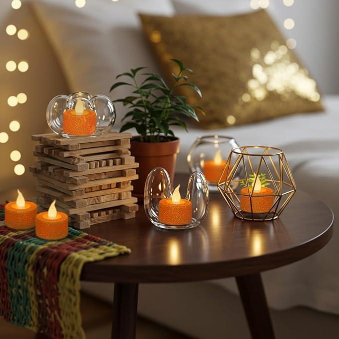 FURORA LIGHTING Orange Glitter LED Tealight Candles Pack of 12, Flameless Flickering Tealight Candles for Home Décor, 1.5’’(W) x 1.65’’(H), Battery Operated