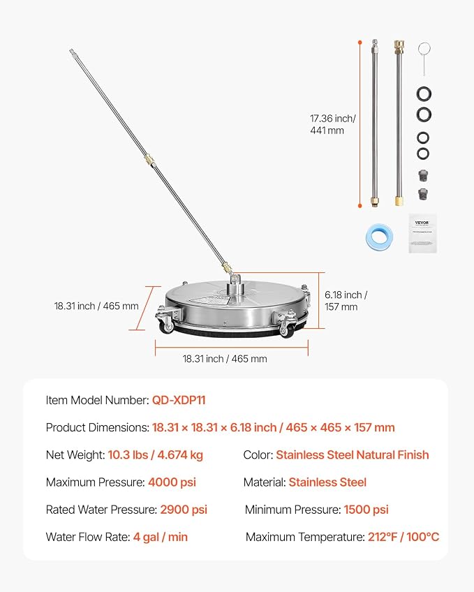VEVOR 18 Inch Pressure Washer Surface Cleaner, 4000 PSI Stainless Steel Attachment with 4 Wheels, 2 Nozzles, 1/4 Inch Quick Connect and 2 Wands for Concrete, Patio, Deck