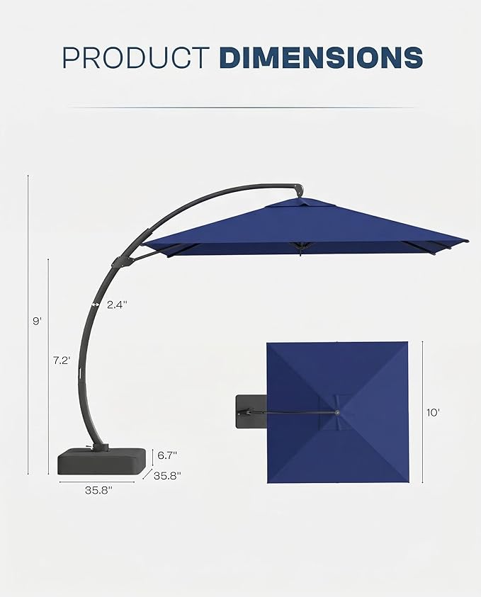 10*10 FT Cantilever Umbrella with Base Included, Large Square 360° Rotation Offset Umbrella Outdoor Patio, Heavy Duty Aluminum Frame, Sand-Weighted Stand, for Deck, Backyard, Pool, Garden (Navy Blue)