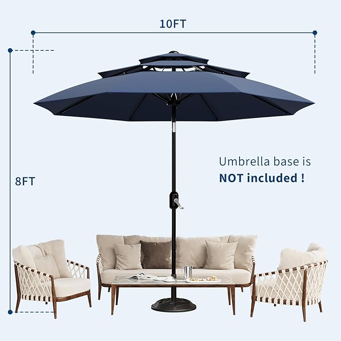 Garvee 10Ft 3-Tier Patio Umbrella, Outdoor Table Umbrella with Vents, Easy Crank and Push Button Tilt, Market Umbrella with 8 Sturdy Ribs for Pool, Deck, Yard, Garden -Navy Blue