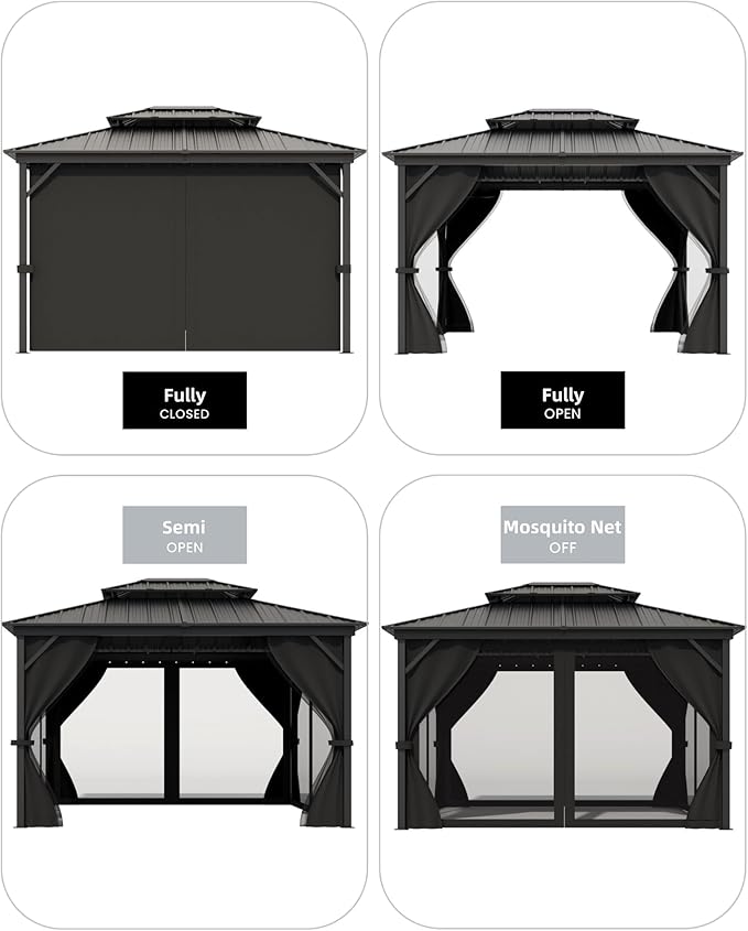12'X14' Hardtop Gazebo with Double Steel Roof & Reinforced Aluminum Frame, Curtains & Mosquito Netting, Outdoor Permanent Pavilion for Patio, Backyard, Deck, Lawn, Garden, Gray
