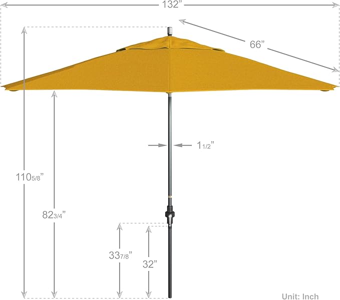 California Umbrella 11Ft Premium Sunbrella Patio Umbrella, Hand-Crank, Tilt-Collar, Gray Frame, Sunflower Yellow Fabric