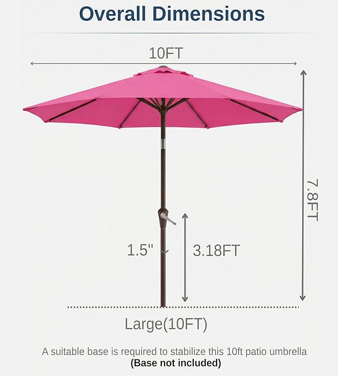 10FT Patio Umbrella, Outdoor Umbrella with Push Button Tilt and Crank, 8 Sturdy Ribs, UV Protection & Waterproof Market Umbrella for Pool, Backyard, Beach,Deck (Rose Pink)