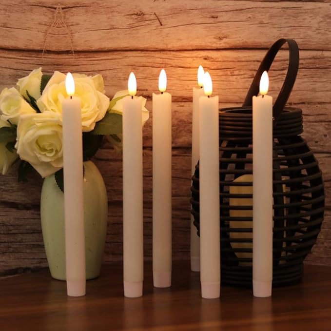 Wondise Flickering Taper Candles with Timer and Remote, 9 Inch Battery Operated 3D Wick Real Wax White Candles for Wedding Holday Christmas Decoration, Set of 6(D0.8 x H9.6 Inch)