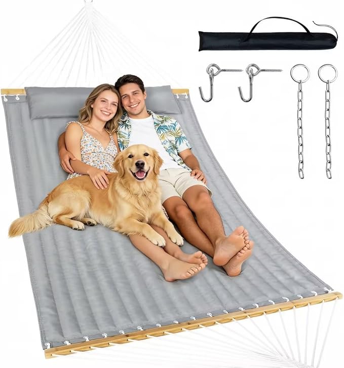 Double Hammock with Spreader Bar & Pillow, Portable 500lbs Capacity for Outdoor, Camping, Patio, Backyard Relaxation,Gray
