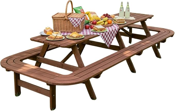 14-16 Person Wood Picnic Table with Attached Benches & Umbrella Hole,Rectangle Brown Outdoor Wooden Dining Table & Chairs for Patio Yard Garden Porch Deck