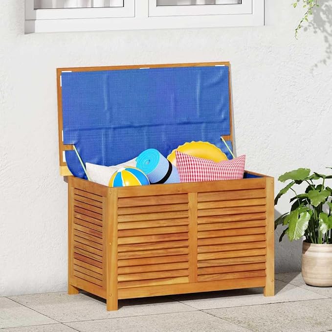 Natural Acacia Wood Garden Storage Box Outdoor Furniture Organizer with Water Resistant Design Rustic Finish for Patio Balcony Terrace
