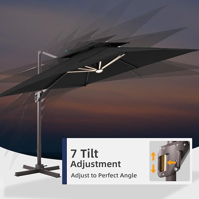 9x12 FT Patio Umbrella with LED Lights Cantilever Outdoor Large Heavy Duty Rectangle Aluminum Offset Umbrellas Double Top 360 Rotation 7 Tilt Adjustment for Pool Deck Garden, Black
